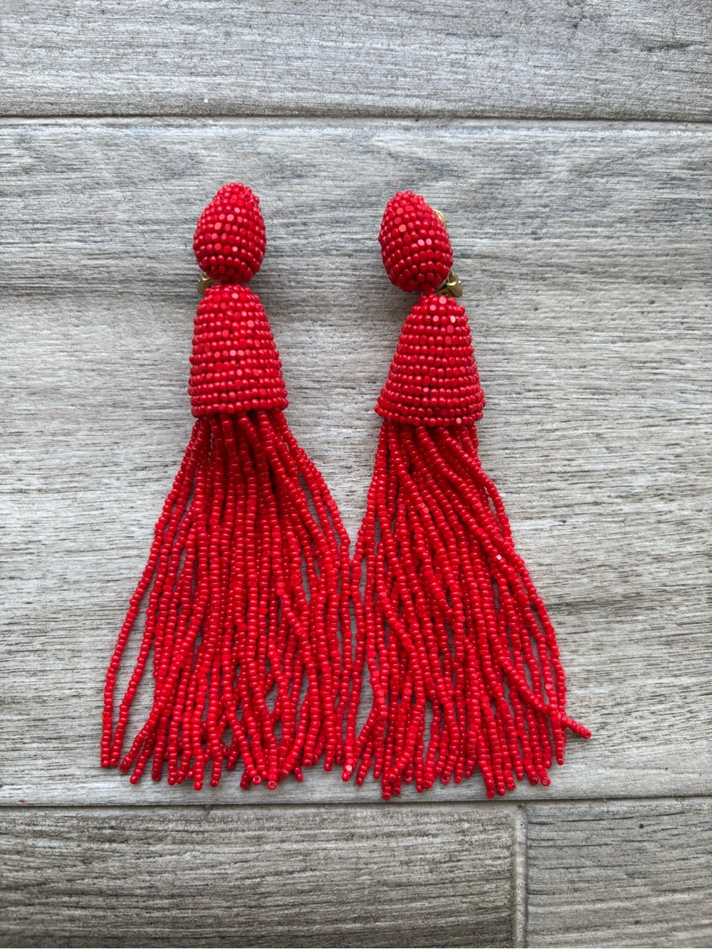 Oscar de la Renta Red Beaded Tassel Statement Earrings